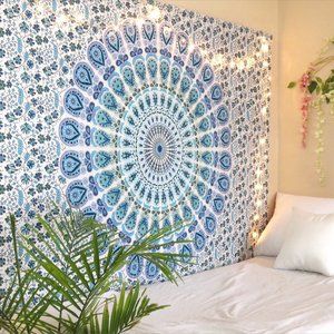 Oussum Mandala Blue Tapestry Cotton Fabric Wall Tapestries